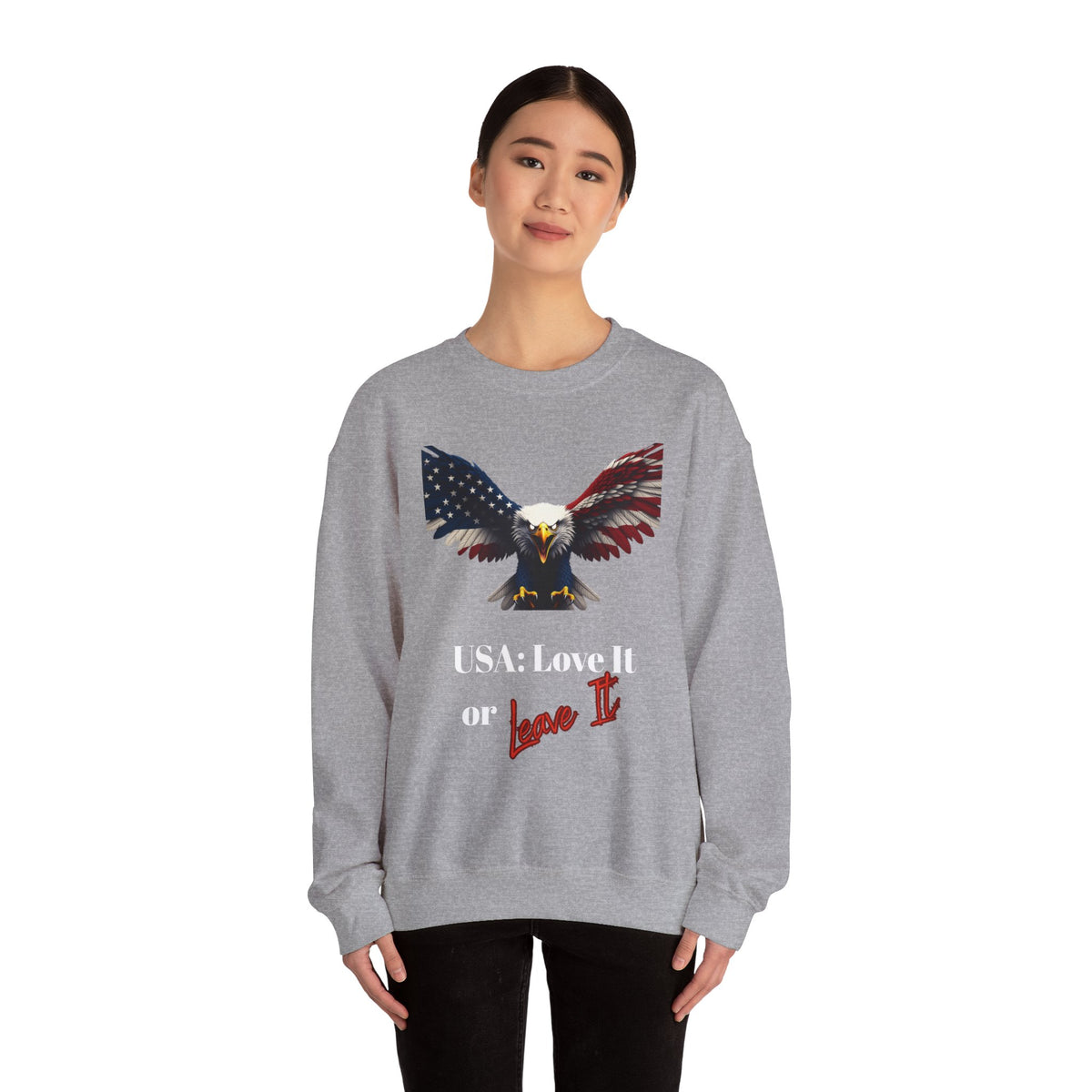 USA Love It Or Leave It Patriotic Eagle text on a Crewneck Sweatshirt