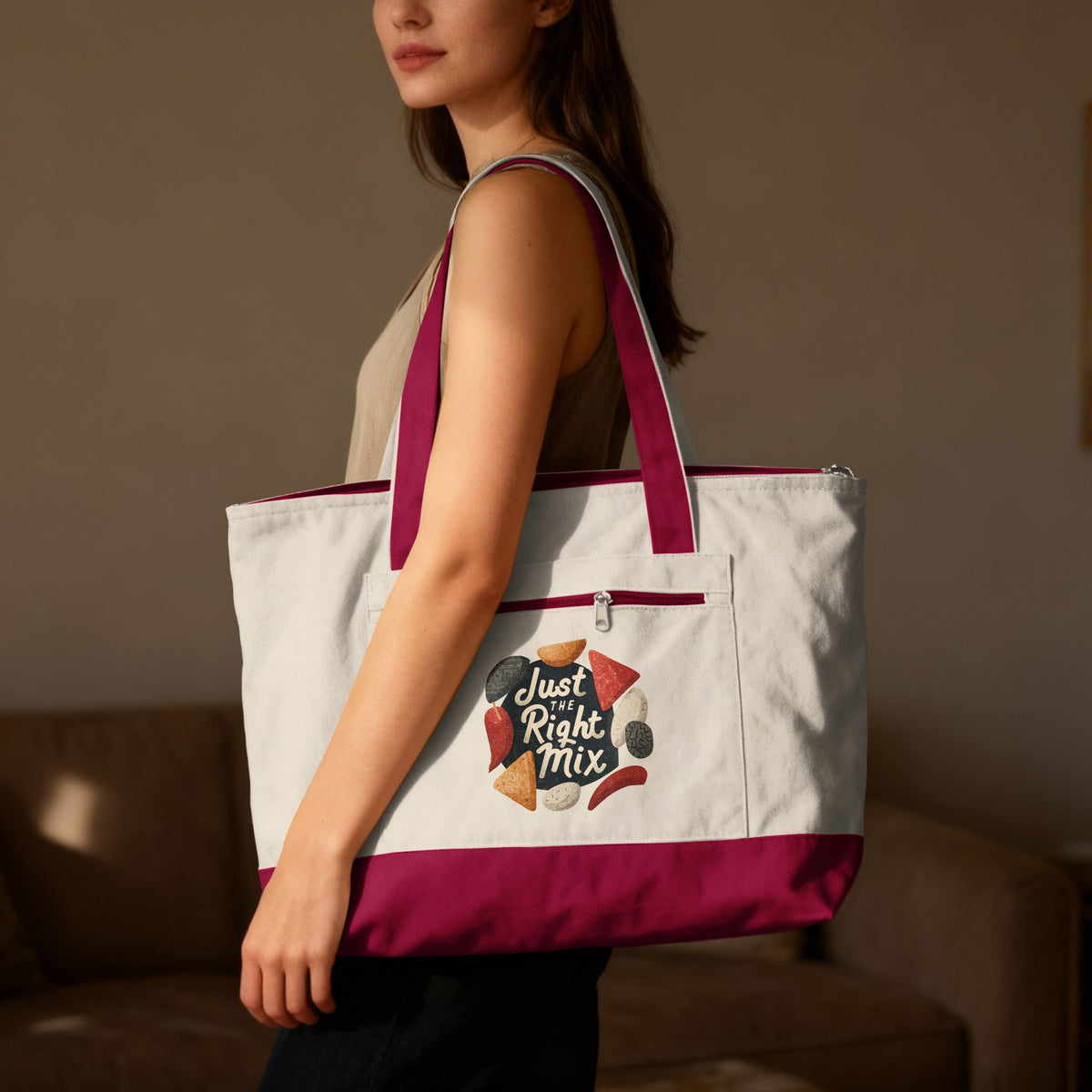 Just the Right Mix phrase on a Zippered Canvas Tote