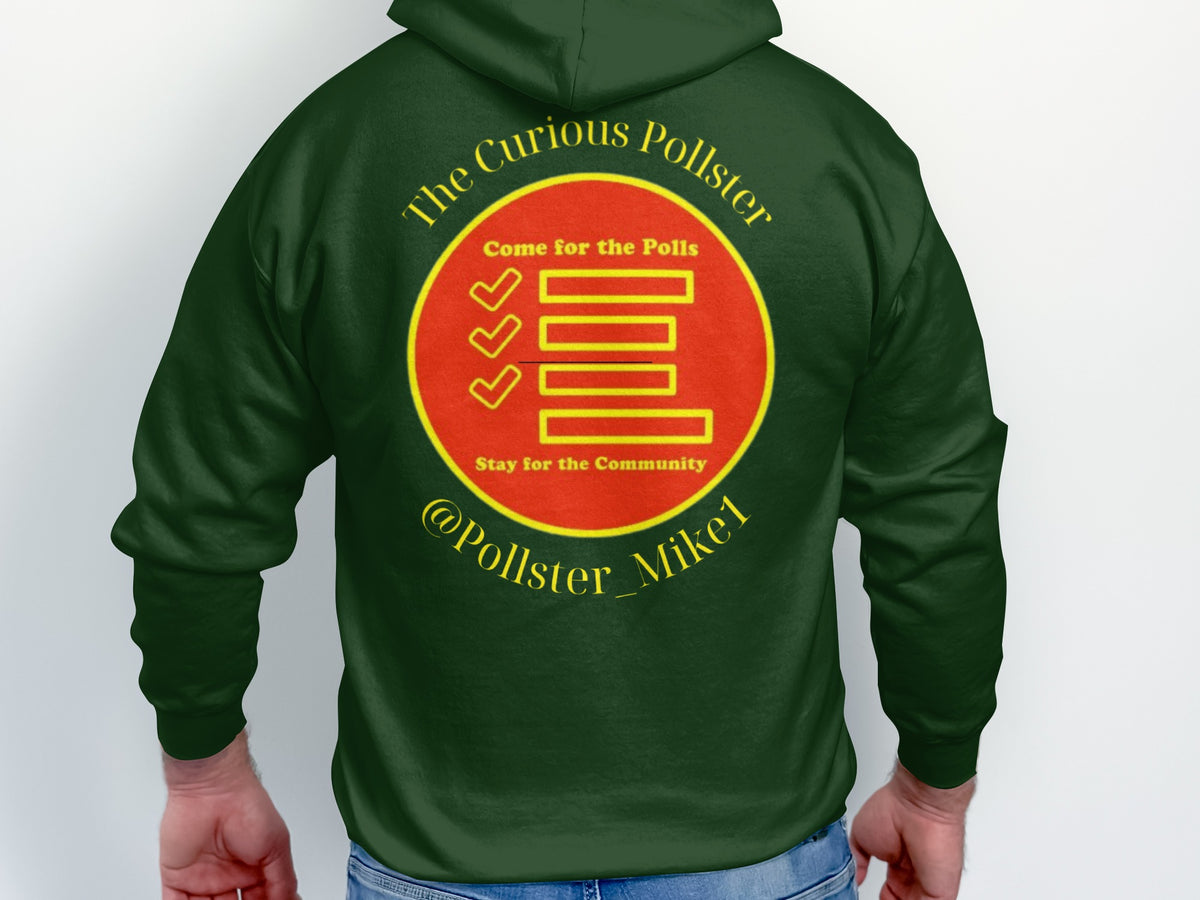 Dark green hoodie with a yellow circle logo on the back, "Come for the Polls" text.