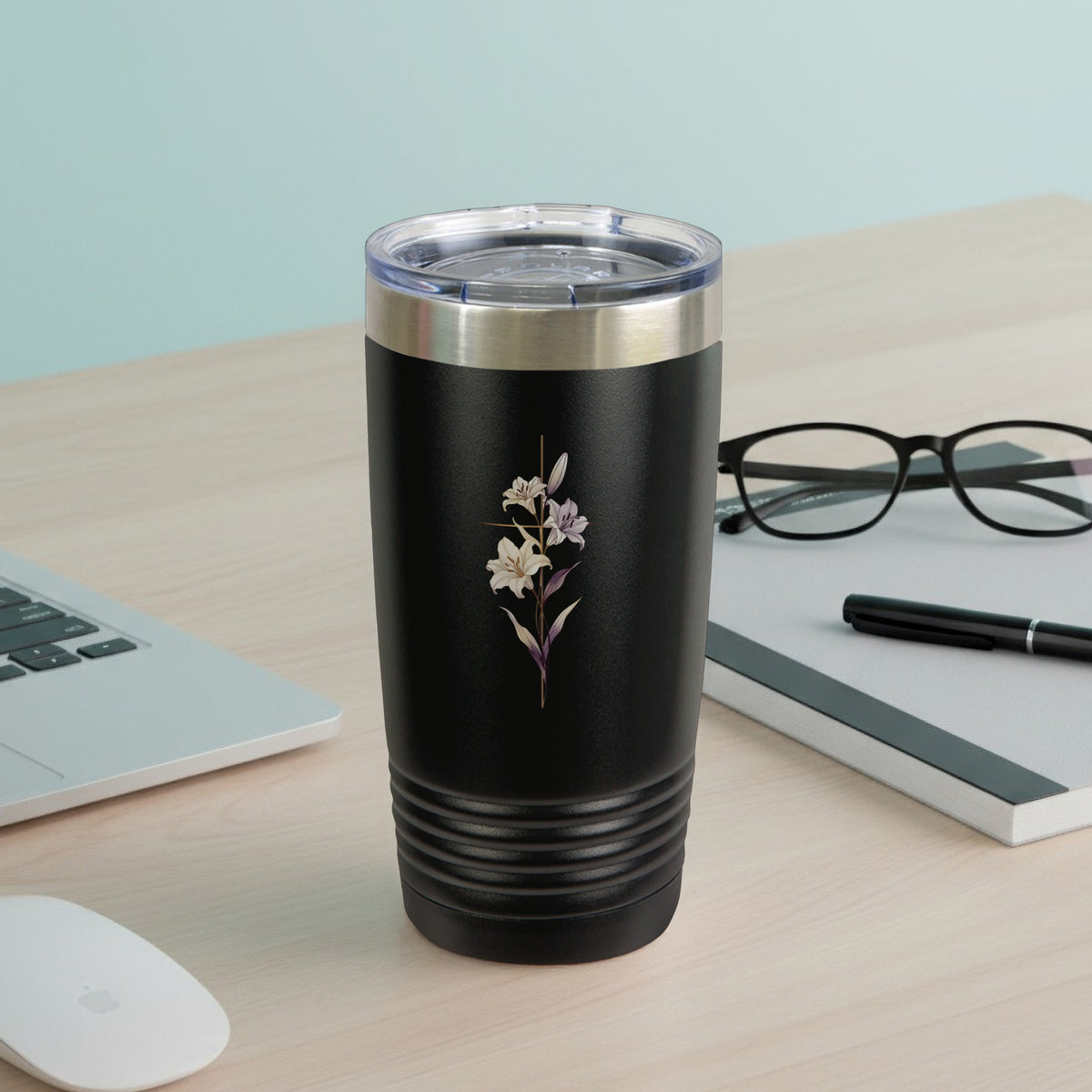 Black Tumbler Lily Floral Cross Design Insulated Cup product type