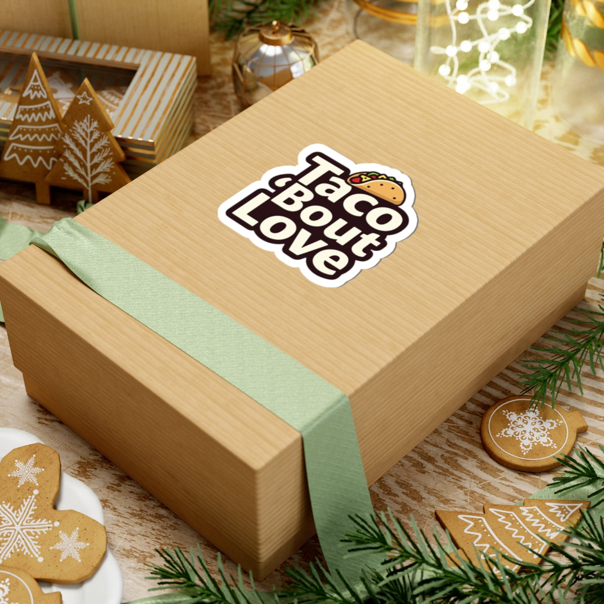Taco 'Bout Love phrase with a Modern & Minimalist design on Kiss-Cut Stickers