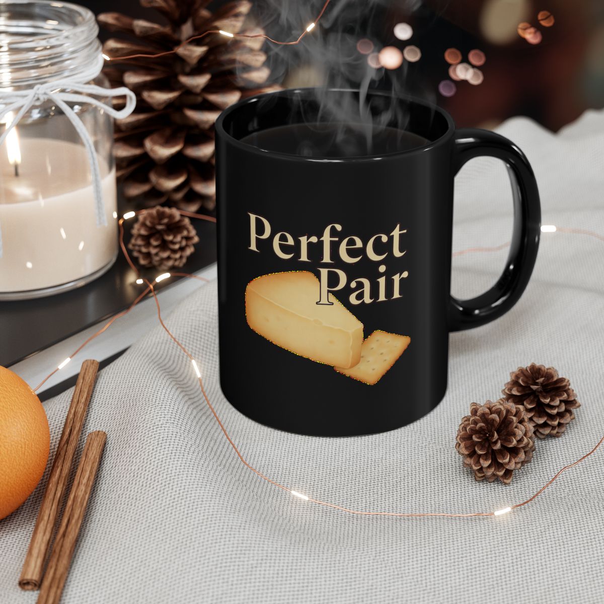 Cheese and Crackers image with Perfect Pair text phrase on an 11/15oz Black Mug