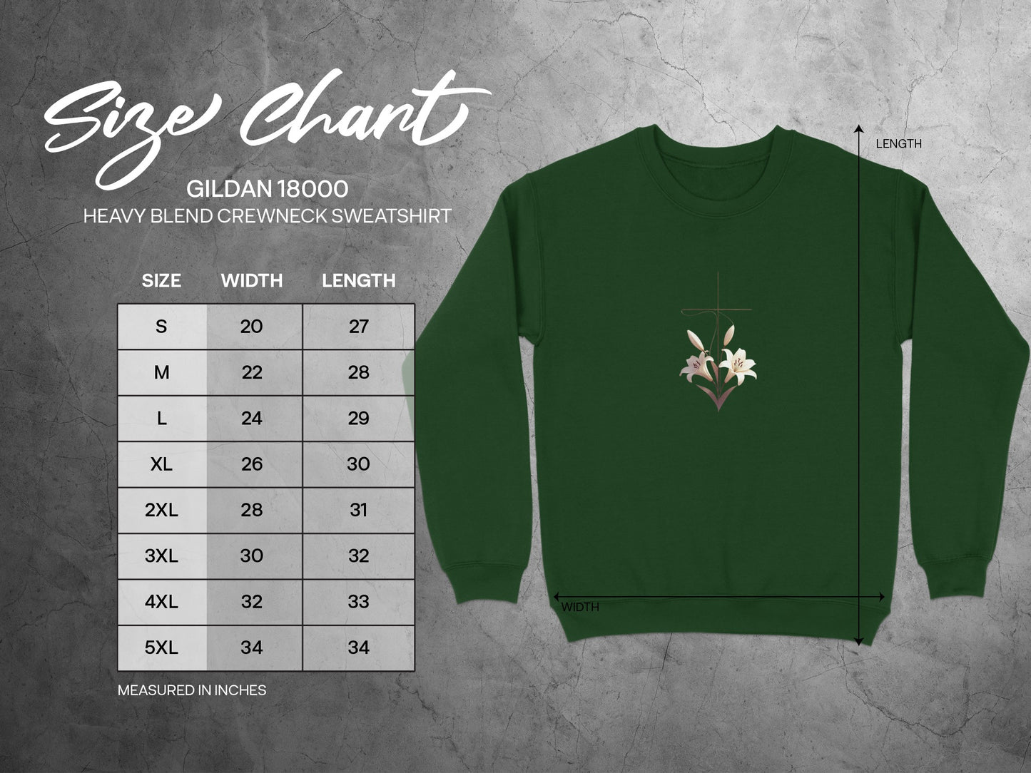 Gildan 18000 sweatshirt size chart with width and length measurements for S to 5XL.