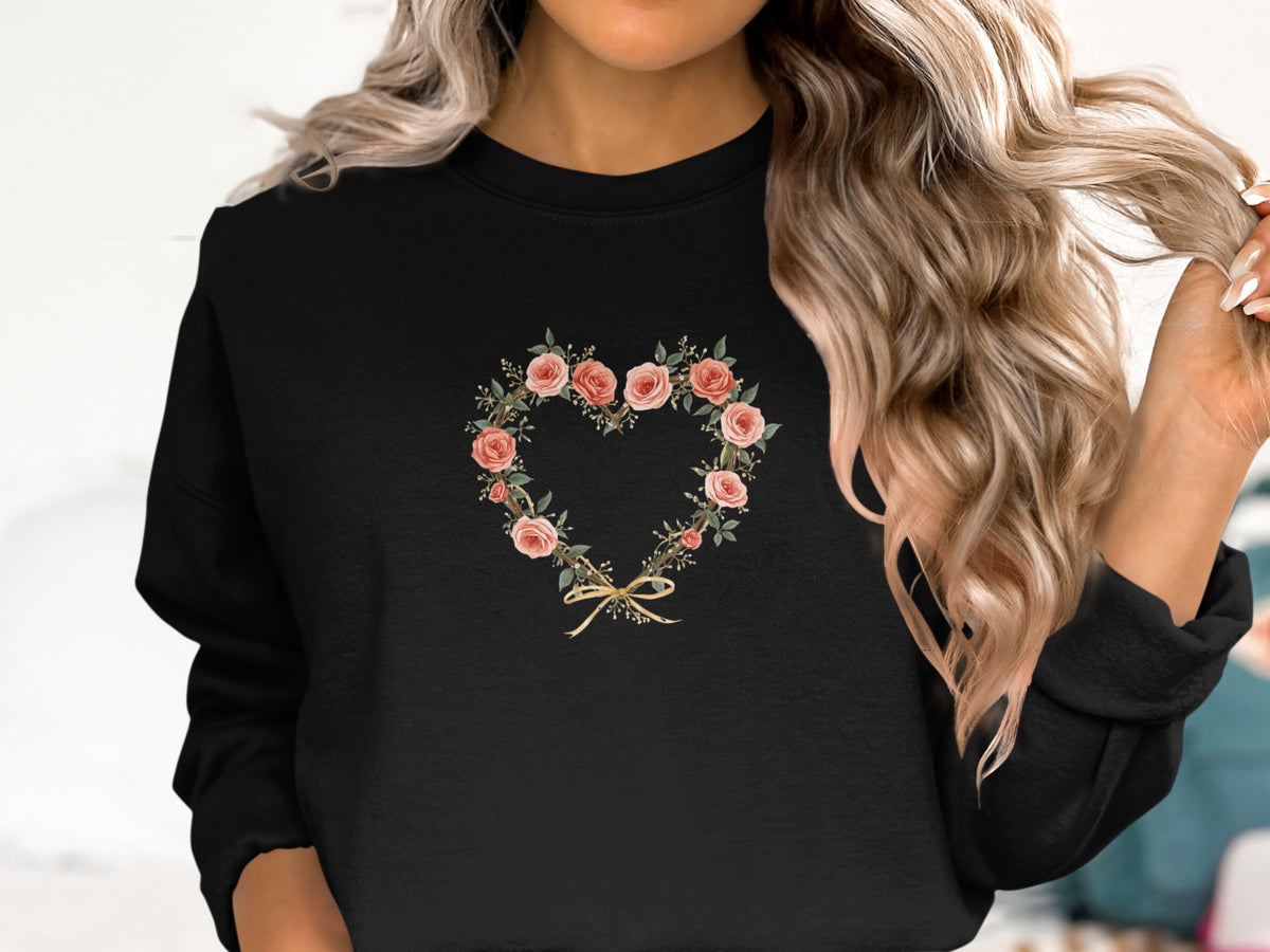 Floral Heart Wreath Design on Black Sweatshirt