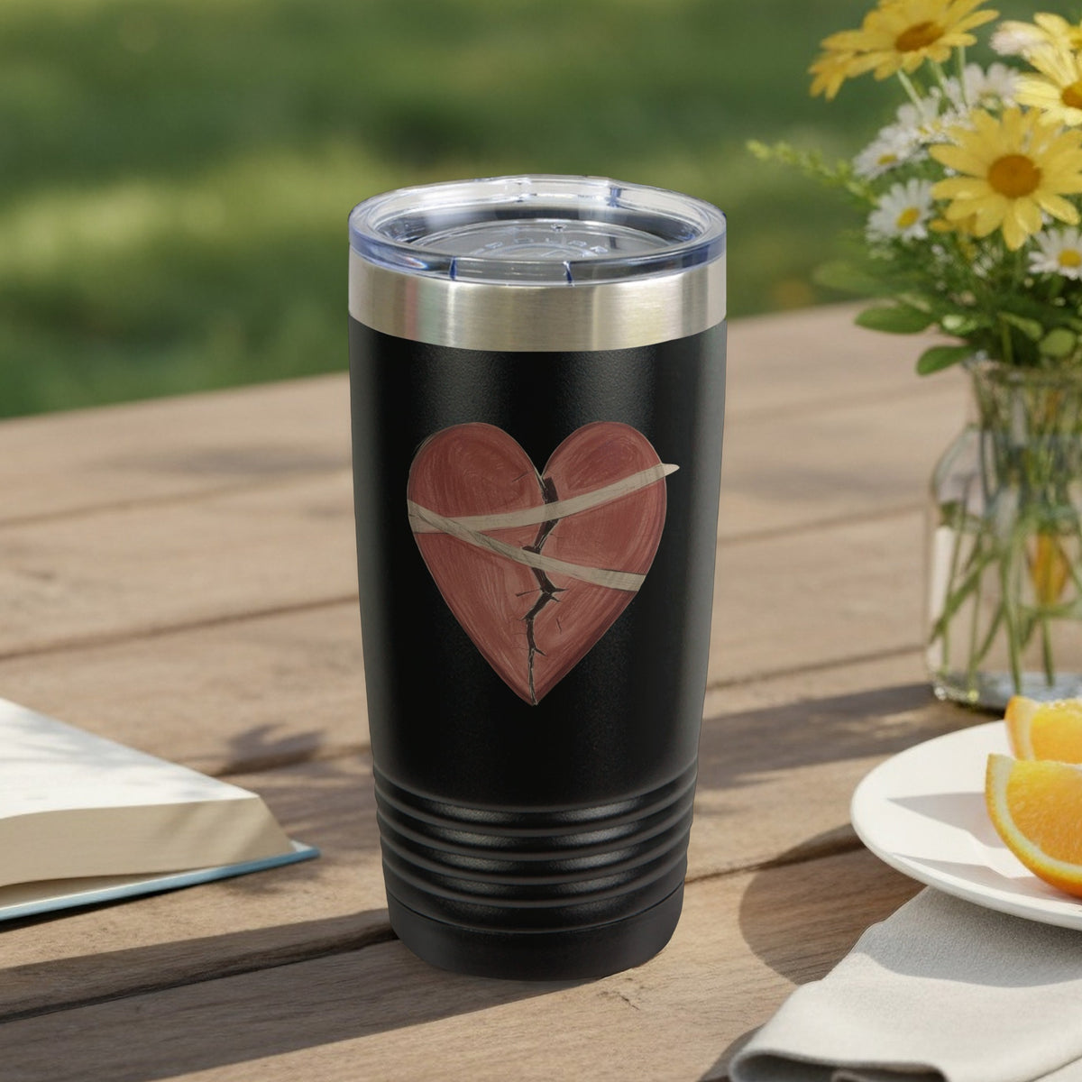 Black Tumbler with Broken and Bandaged Heart Design