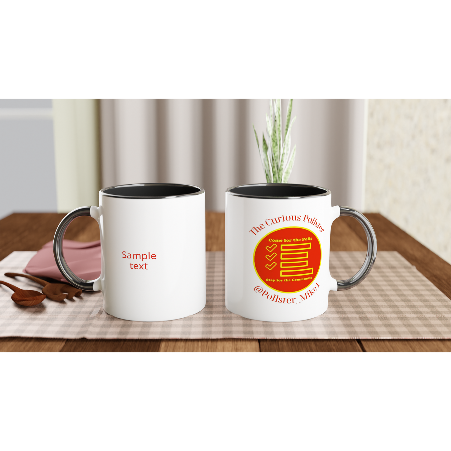 Curious Pollster logo on an 11oz ceramic mug