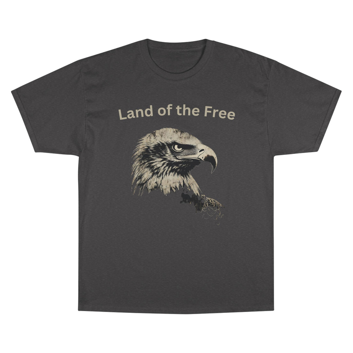 Land of the Free text above an eagle head on a Champion Tee