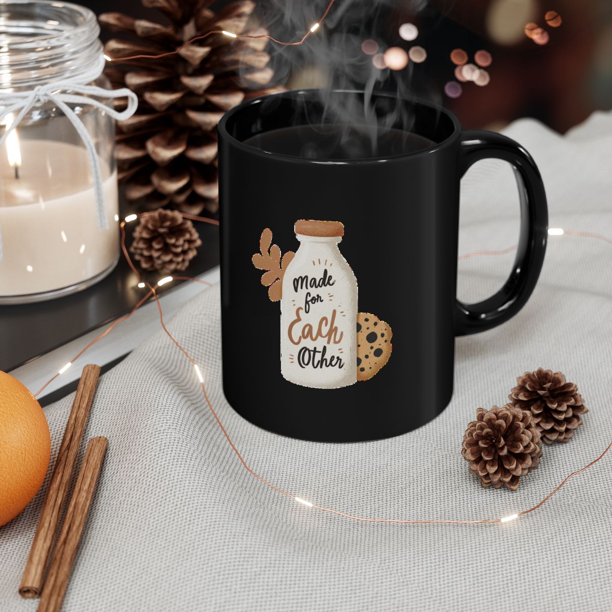 Milk and Cookies image with Made for Each Other text phrase on an 11/15oz Black Mug
