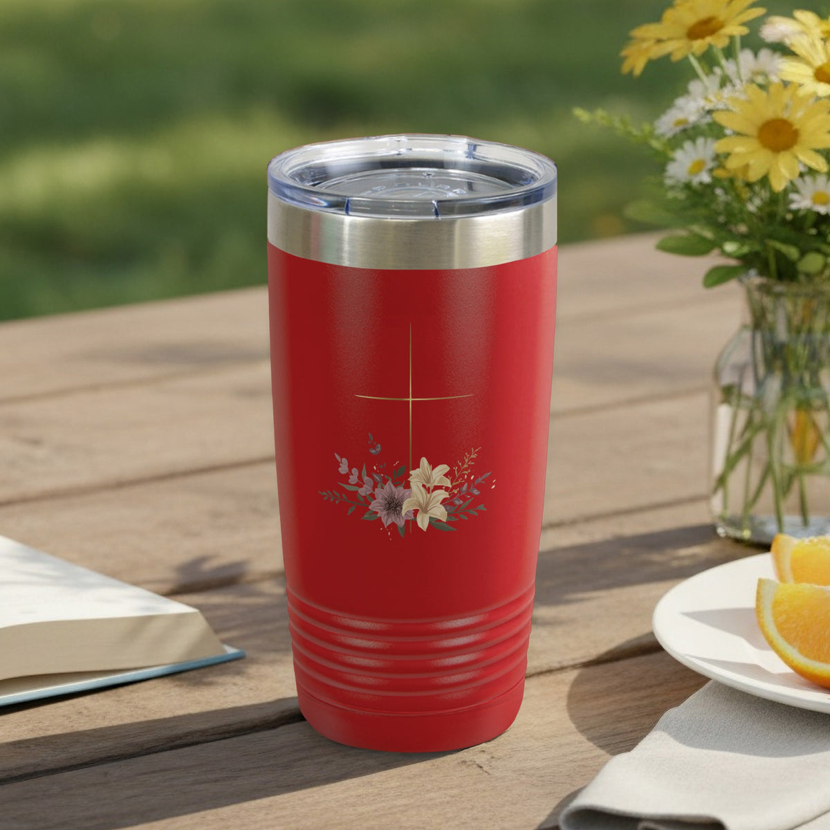 Red Tumbler Christian Cross Floral Embellishment Product Type
