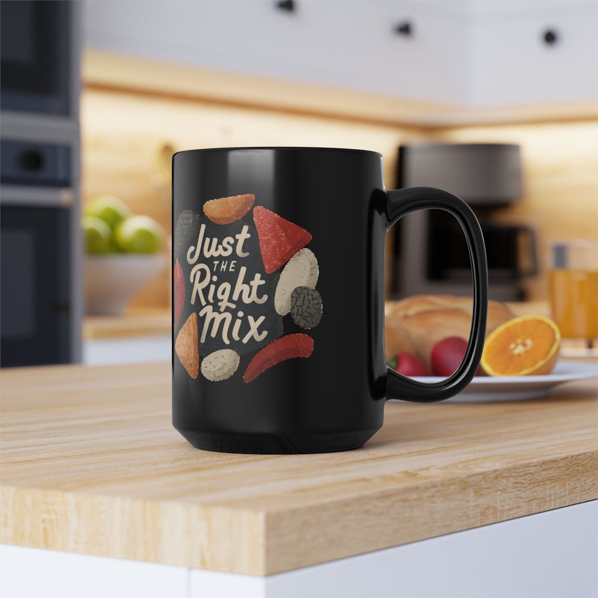 Chips and Salsa Dip with Just the Right Mix text phrase on an 11/15oz Black Mug