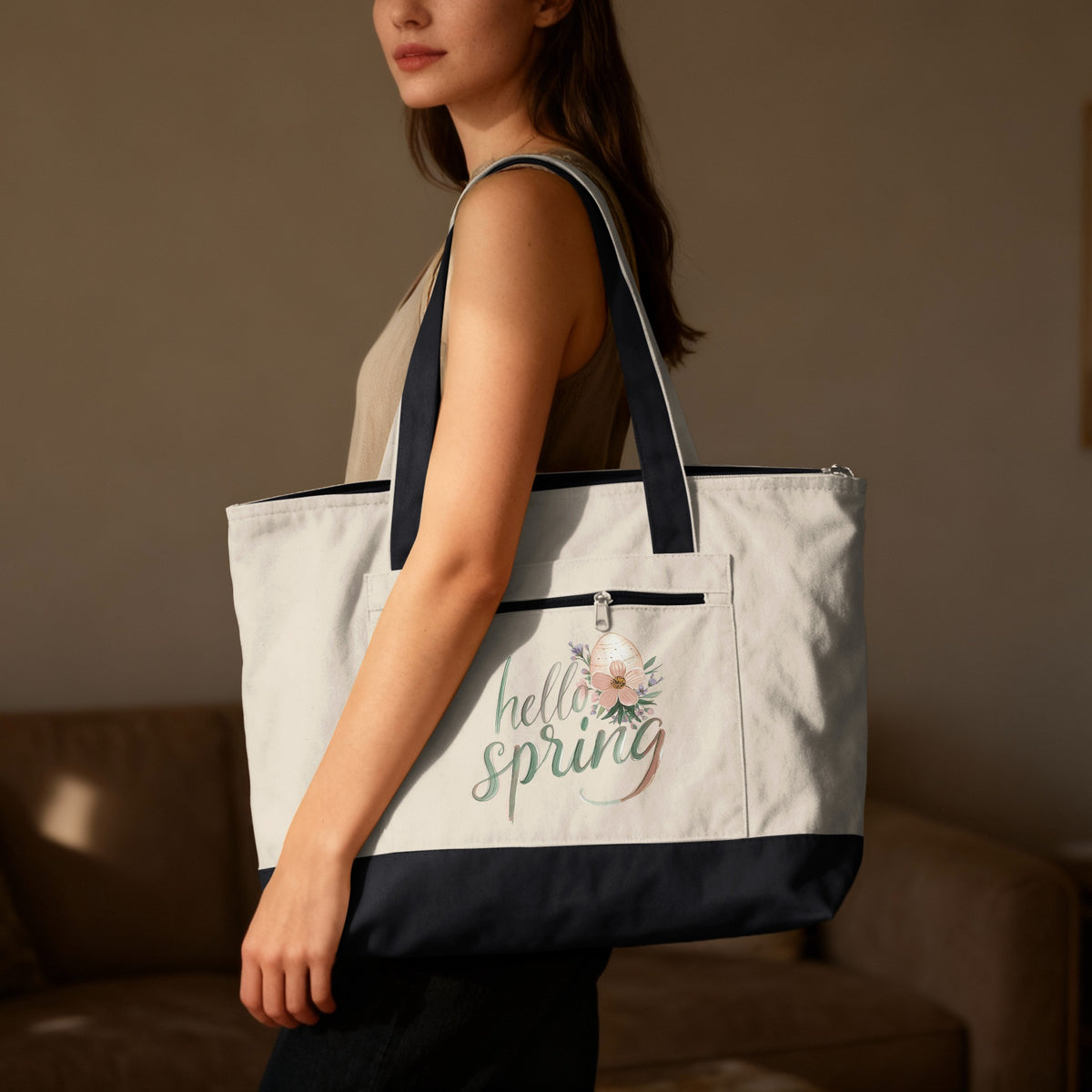 Hello Spring Floral Egg Two-Tone Tote Bag product type