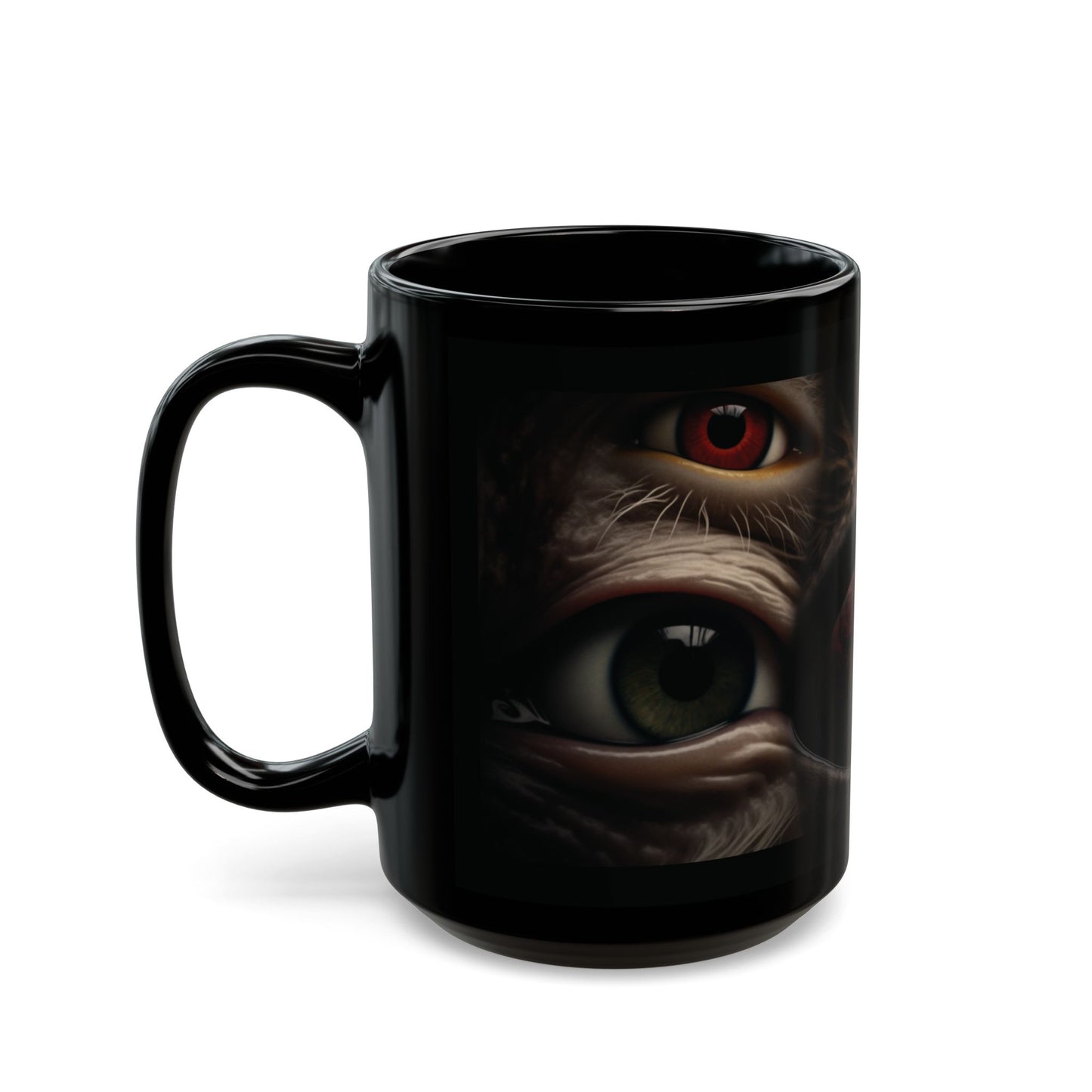 Black mug with eye design on a white background