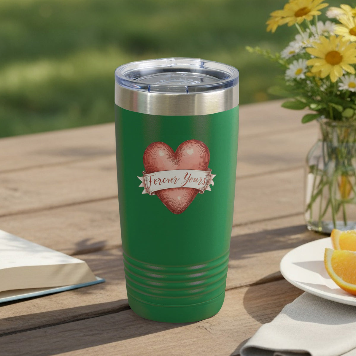 Forever Yours Heart Design Green Tumbler Cup