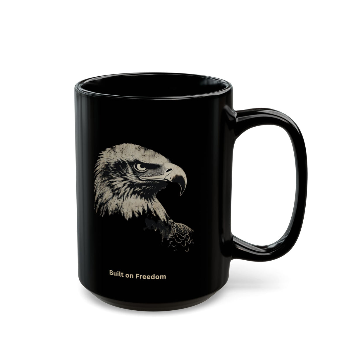 Black mug with eagle portrait and "Built on Freedom" text.