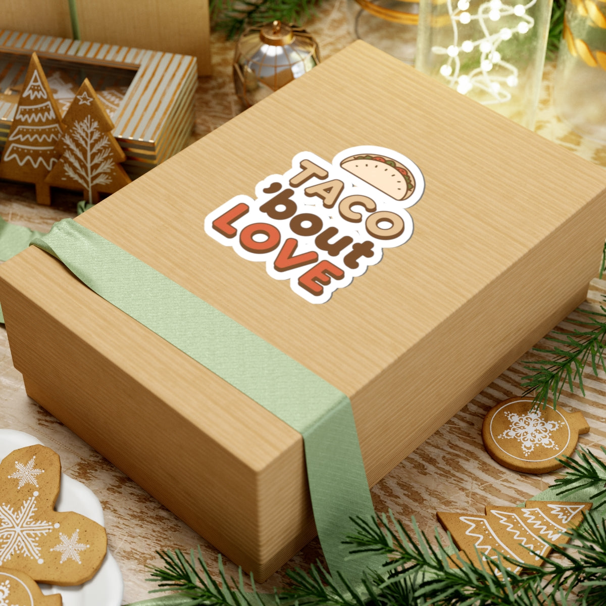 Taco 'Bout Love phrase with a Vintage & Retro design on Kiss-Cut Stickers