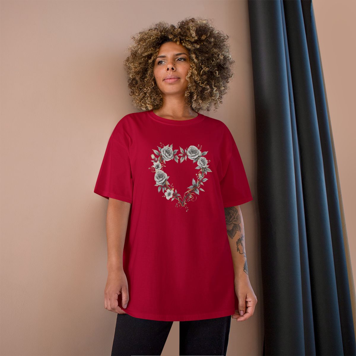 Rose and Heart Wreath design on a Champion Tee