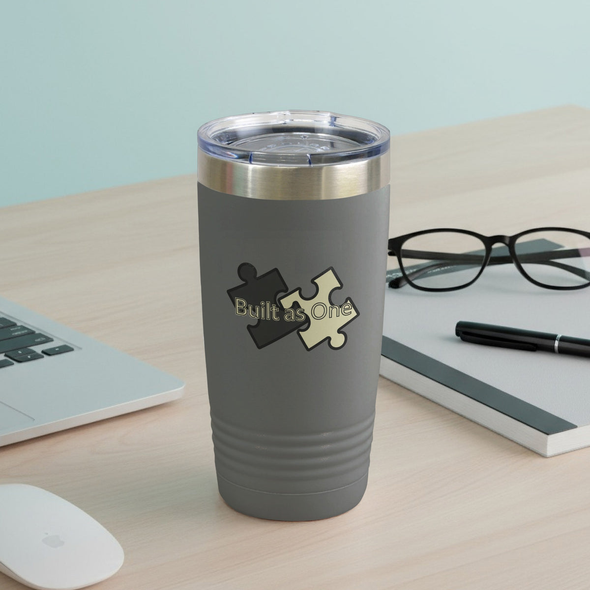 Built as One Puzzle Piece Design Grey Tumbler