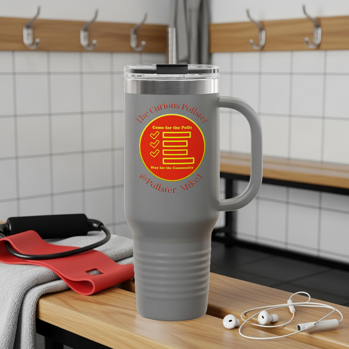 Gray travel mug with "The Curious Pollster" logo featuring checkboxes and the tagline "Come for the Polls."
