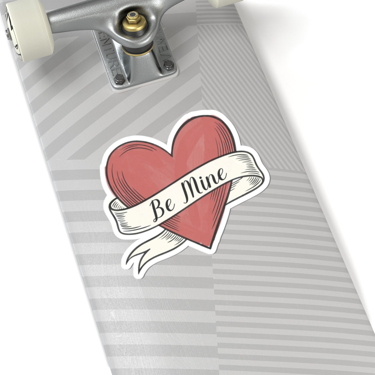 Be Mine Heart Sticker on Gray Striped Skateboard Deck