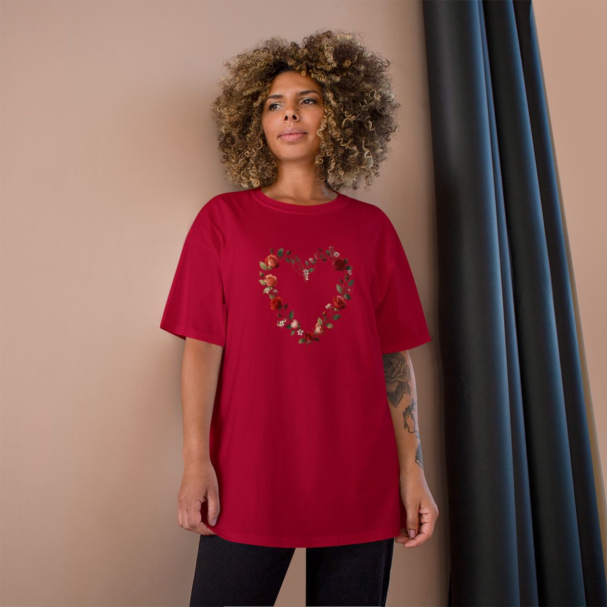 Rose and Heart Wreath design on a Champion Tee