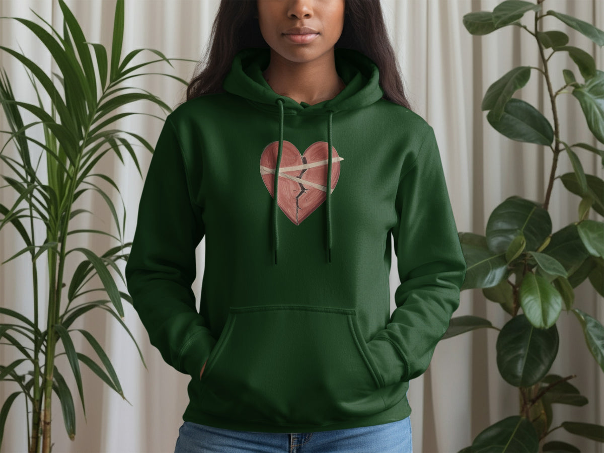 Green Hoodie with Broken Heart Zipper Graphic Design