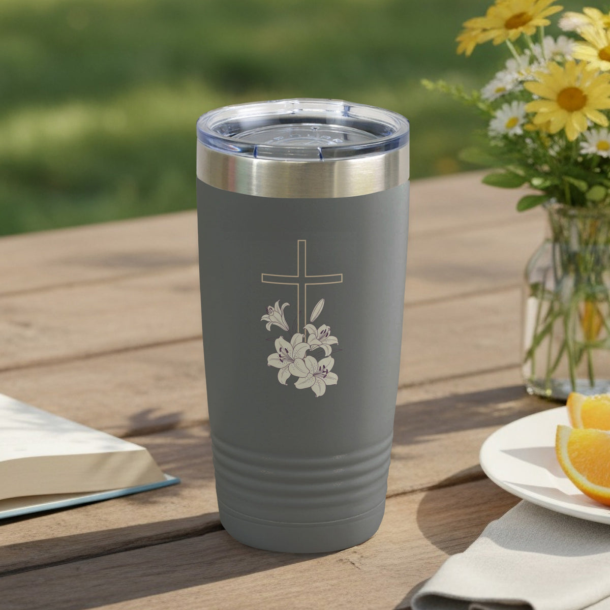 Gray Cross Lilies Engraved Drinkware Tumbler Product Type