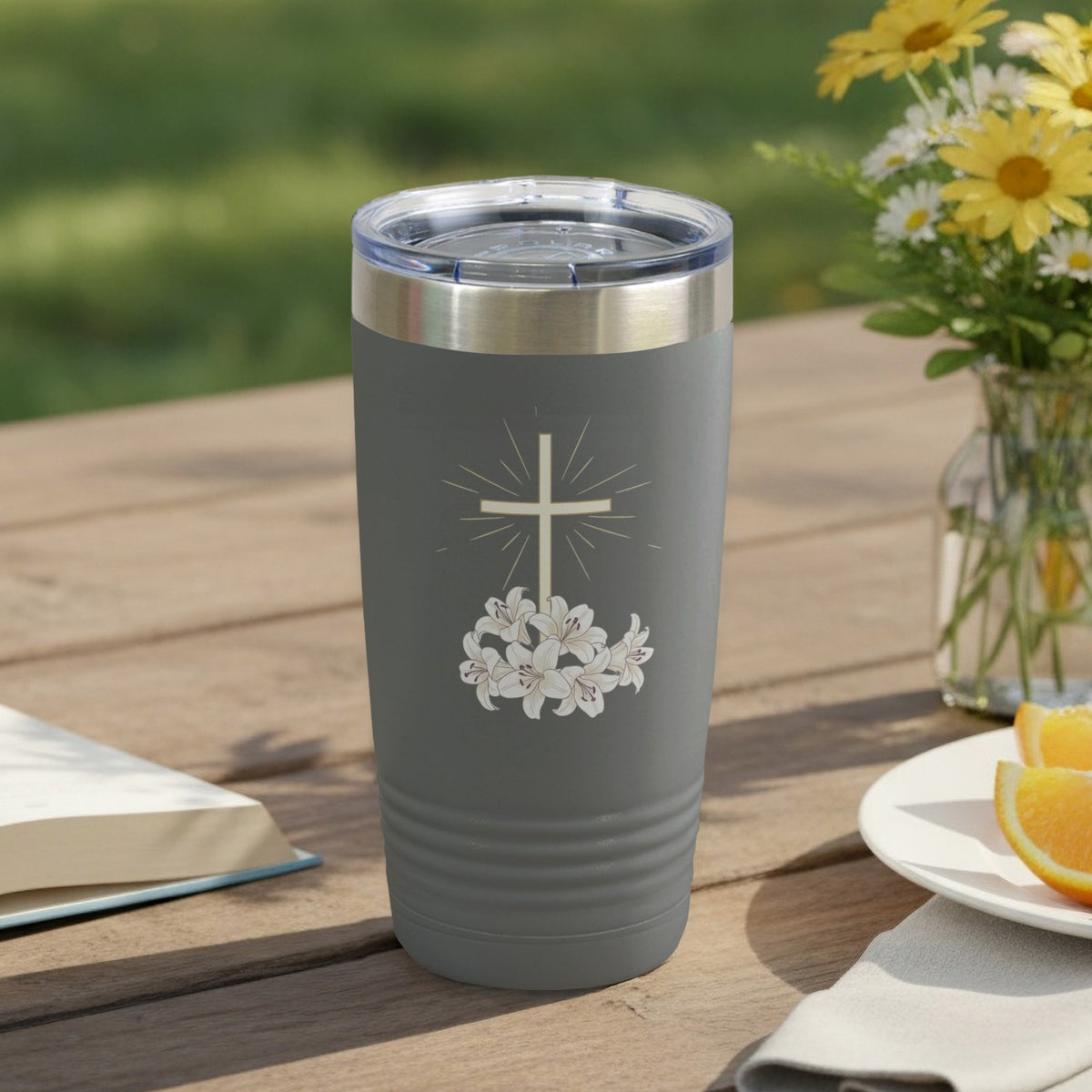 Gray Tumbler White Lilies Cross Design product type