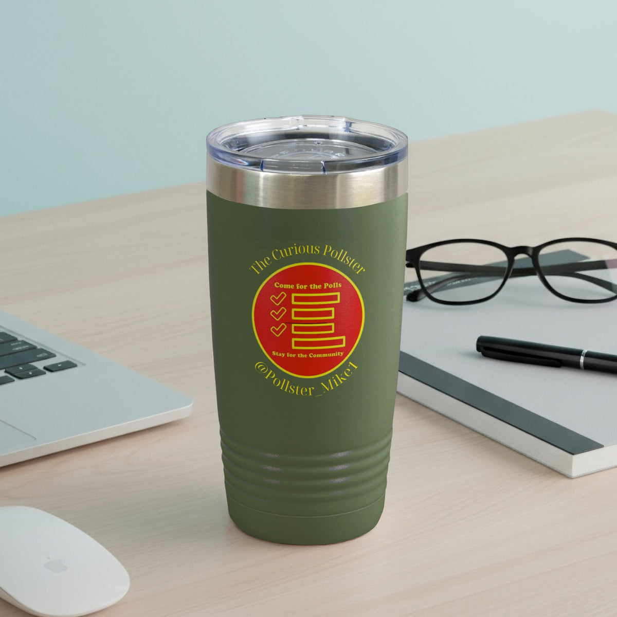 Green tumbler with "The Curious Pollster" text and circular logo.