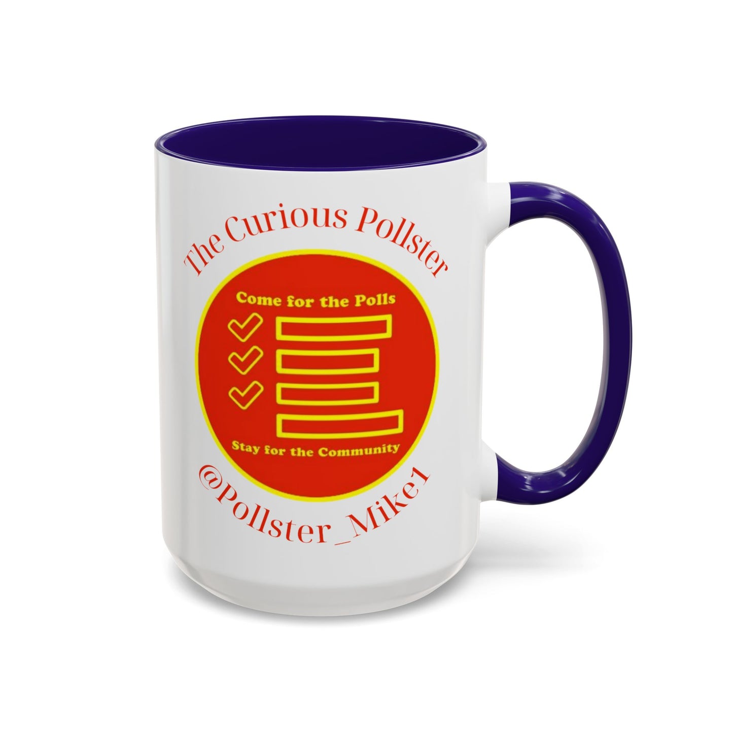 Mug with red and yellow "The Curious Pollster" logo featuring checkmarks and text.