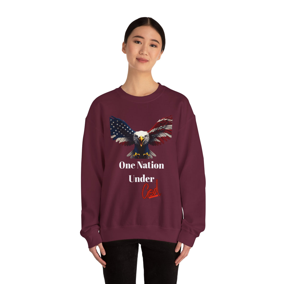 One Nation Under God Patriotic Eagle text on a Crewneck Sweatshirt