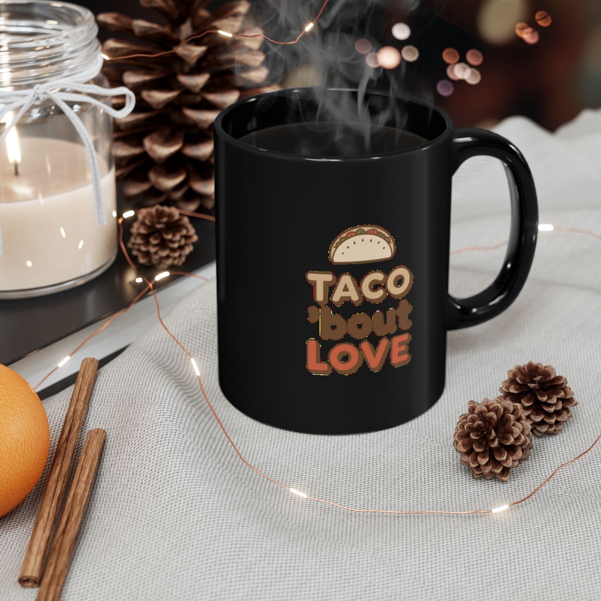 Taco 'Bout Love phrase with a Vintage & Retro design on an 11/15oz Black Mug