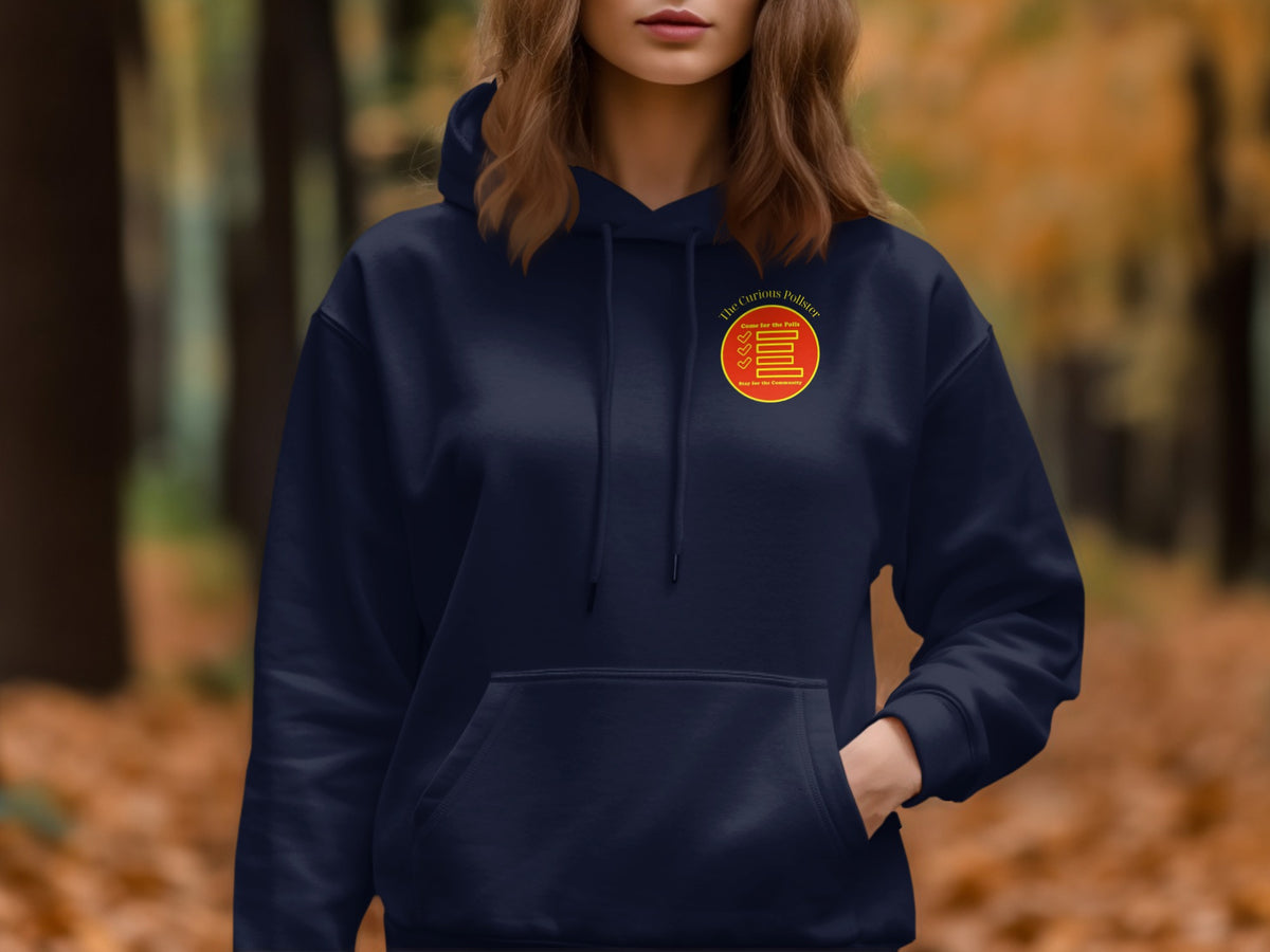 Navy blue hoodie with yellow and red circular logo containing text.