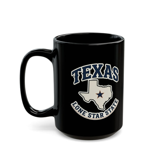 Black mug with "TEXAS LONE STAR STATE" text and Texas outline.