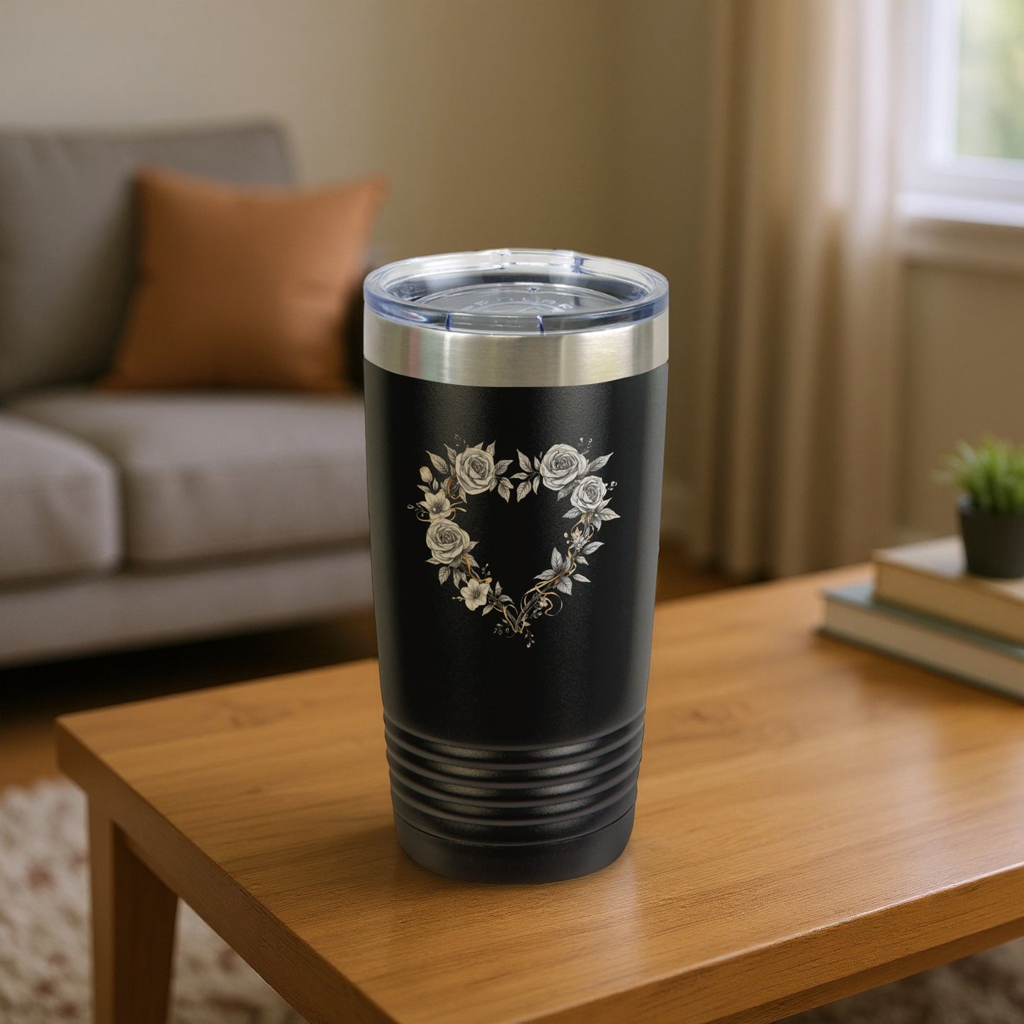 Beautiful Floral Heart Design on Black Tumbler Product