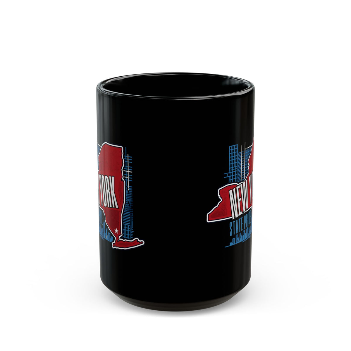 Black mug with New York state outline and text.