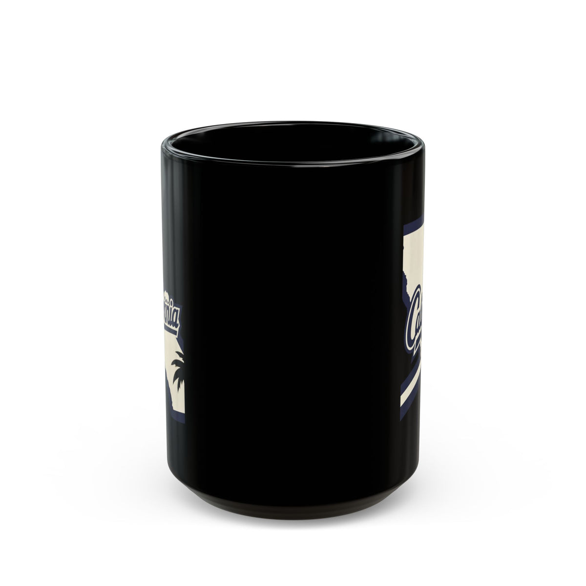 Black mug with "California" text and palm tree graphic.