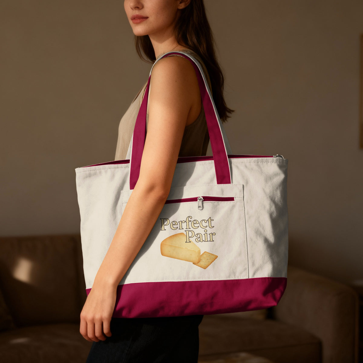 Perfect Pair phrase on a Zippered Canvas Tote