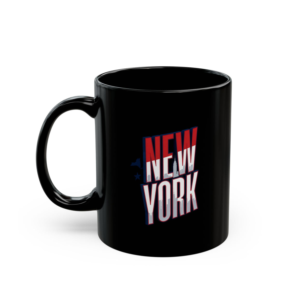Black mug with "NEW YORK" text and a city skyline design.
