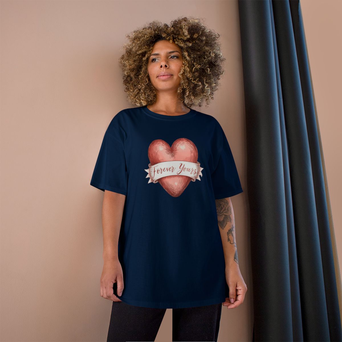 Forever Yours phrase on a Champion Tee