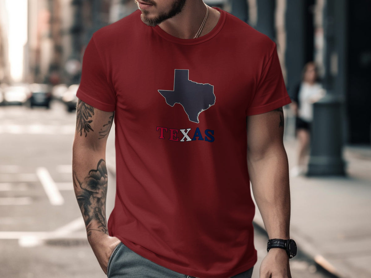 Maroon t-shirt with Texas outline and "TEXAS" text in red, white, and blue.