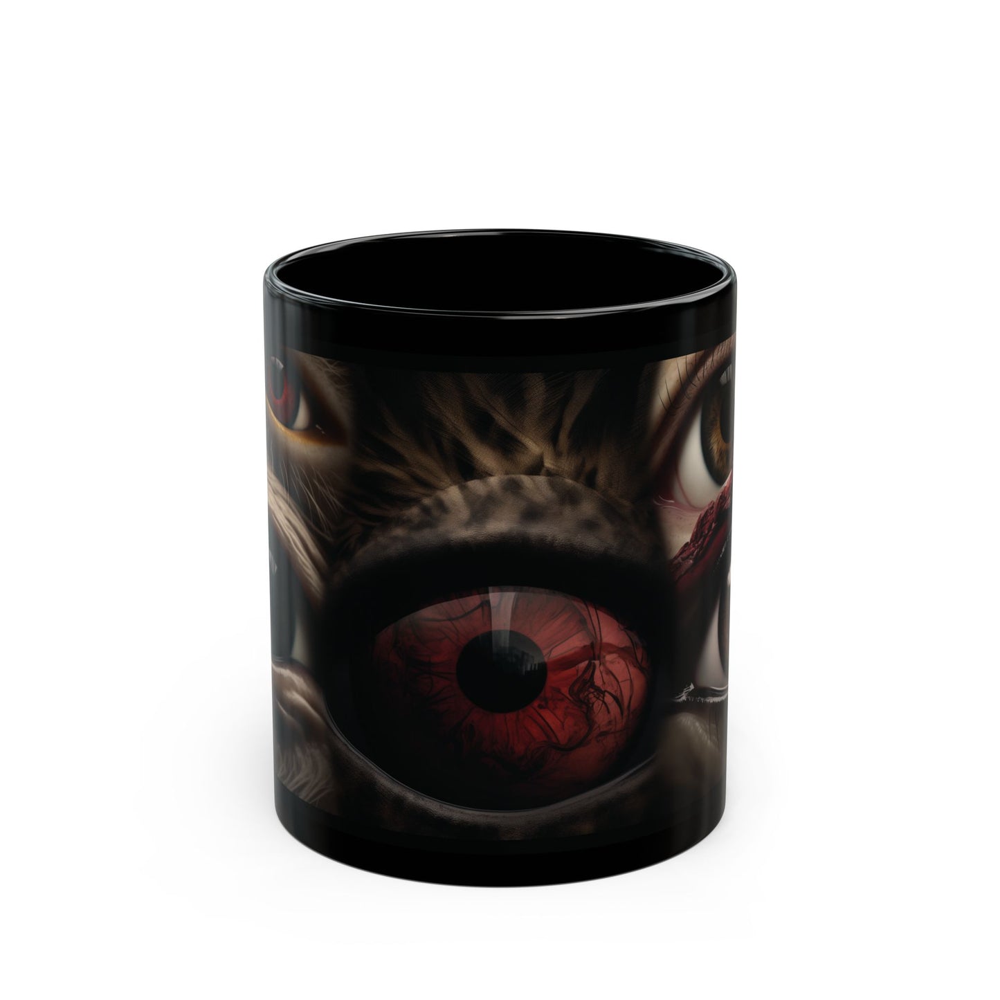 Black mug with a dragon eye design on a white background