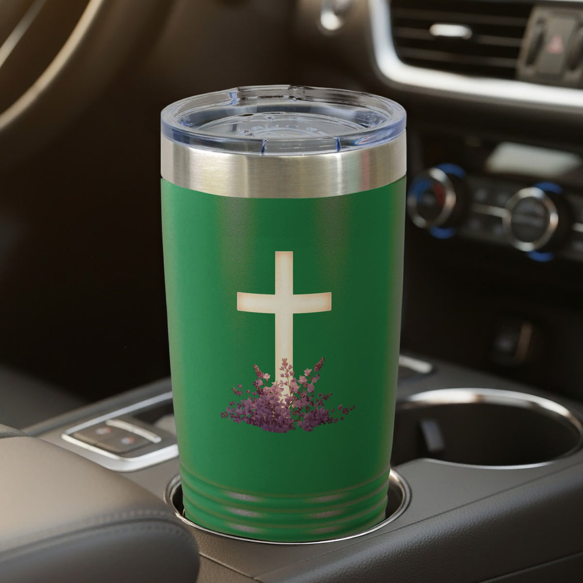 Green Faith Cross Purple Flowers Religious Travel Tumbler product type