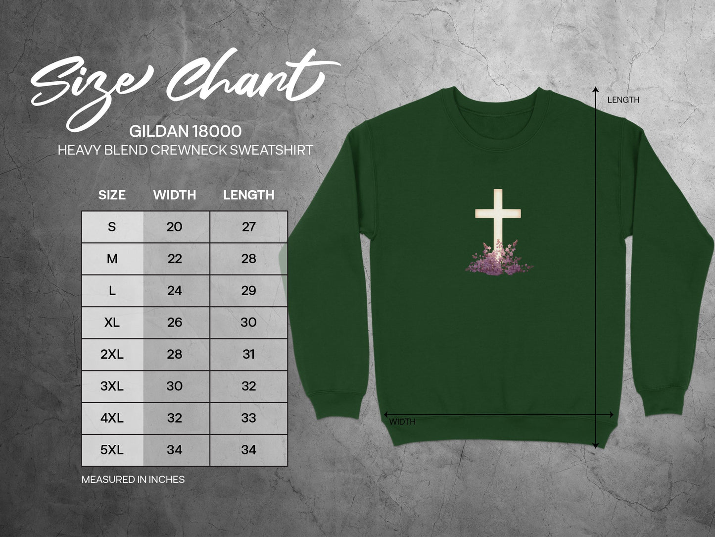 Gildan 18000 size chart for crewneck sweatshirts with embroidered cross.