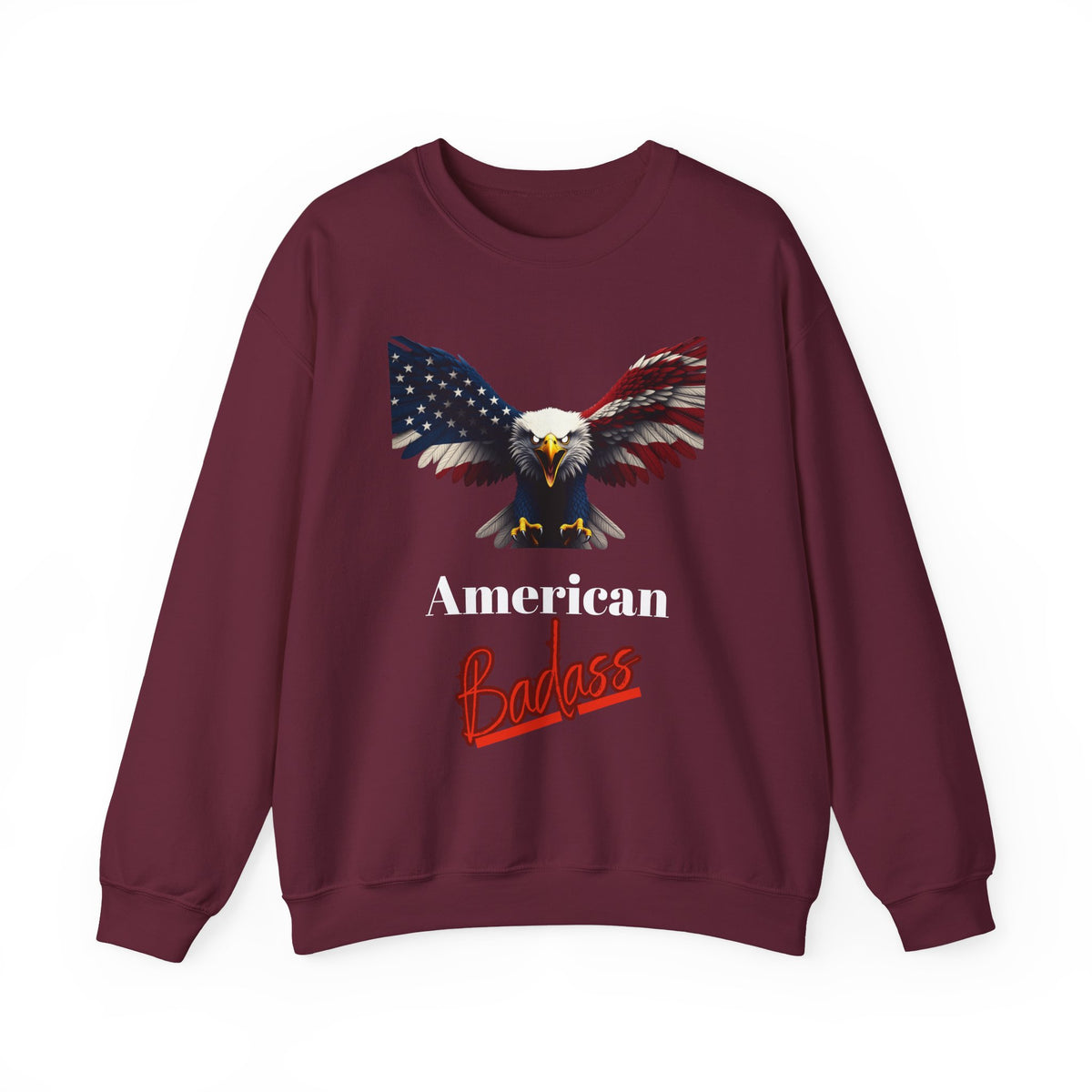American Badass Patriotic Eagle text on a Crewneck Sweatshirt