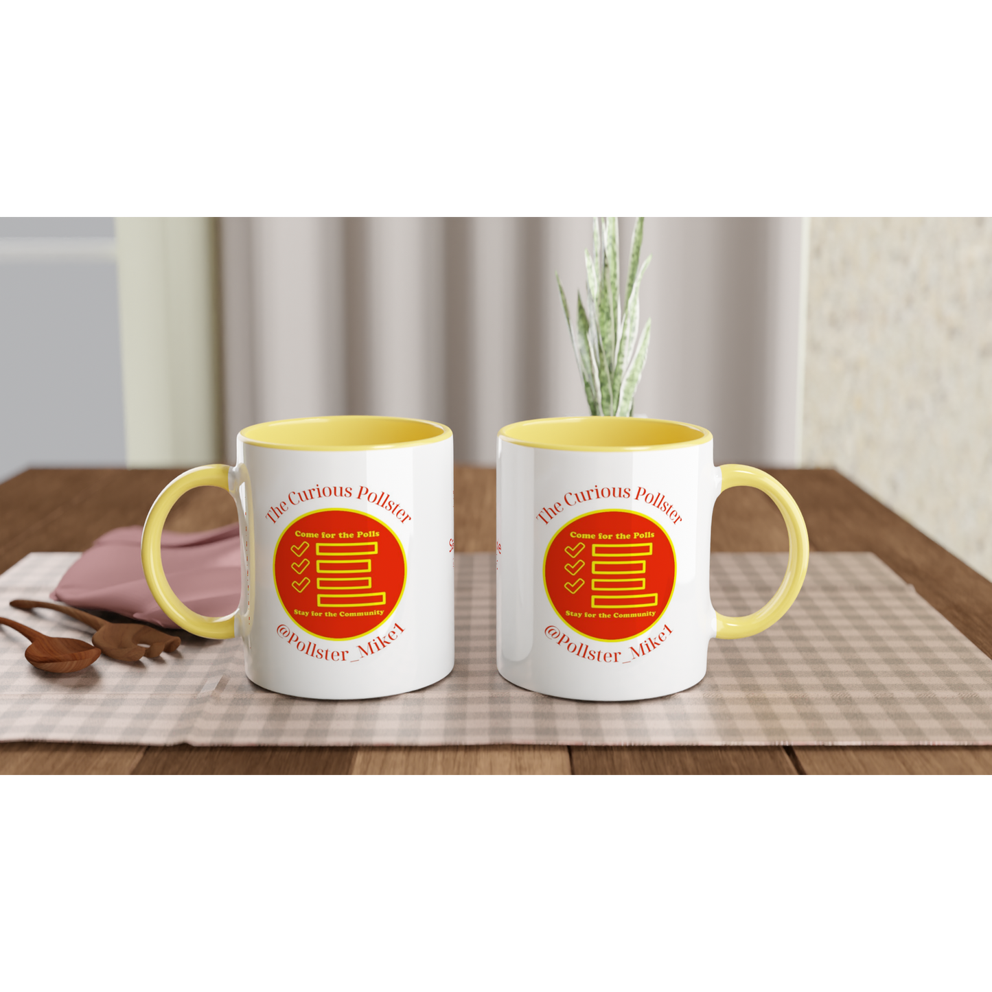 Curious Pollster logo on an 11oz ceramic mug