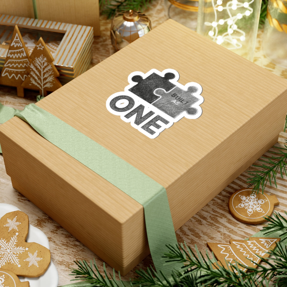 Built As One Puzzle Piece Sticker Holiday Gift Box