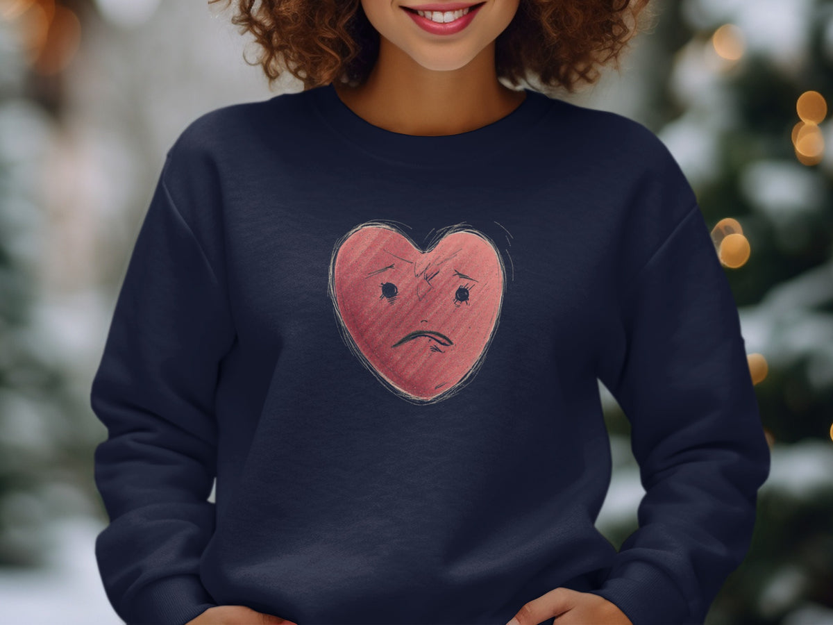 Sad Heart Face Graphic on Dark Blue Long Sleeve Shirt