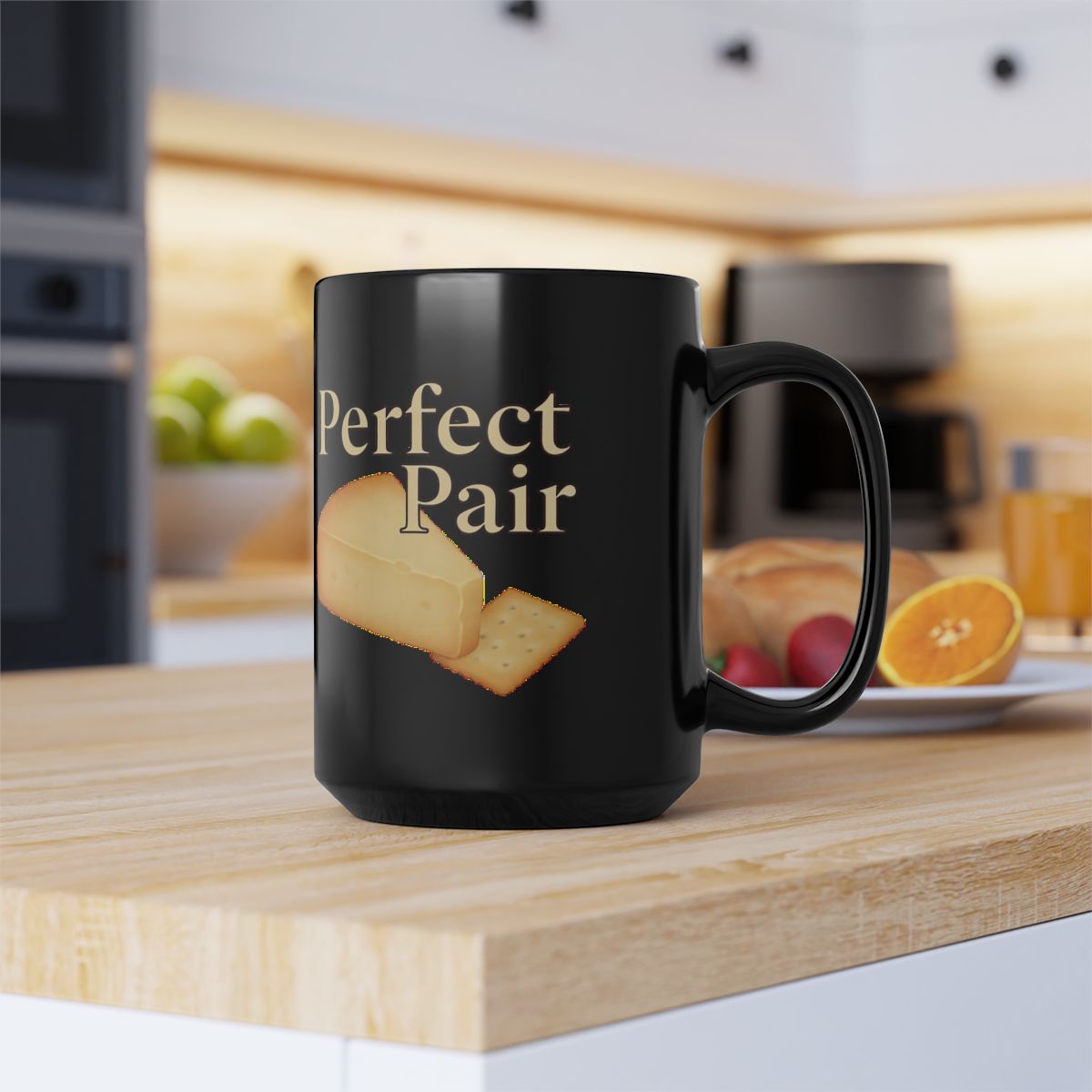 Cheese and Crackers image with Perfect Pair text phrase on an 11/15oz Black Mug