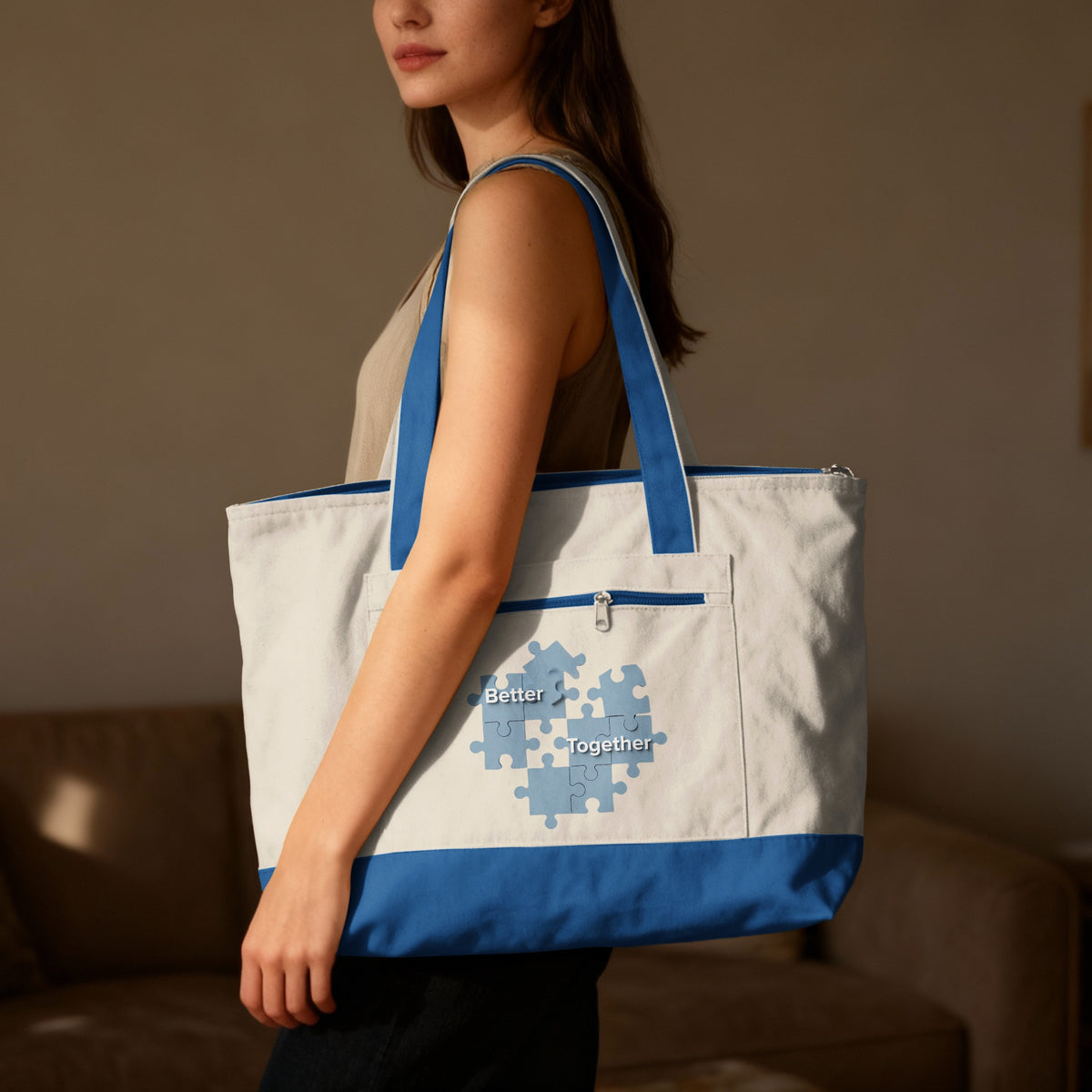 Better Together Puzzle Design Blue White Tote Bag