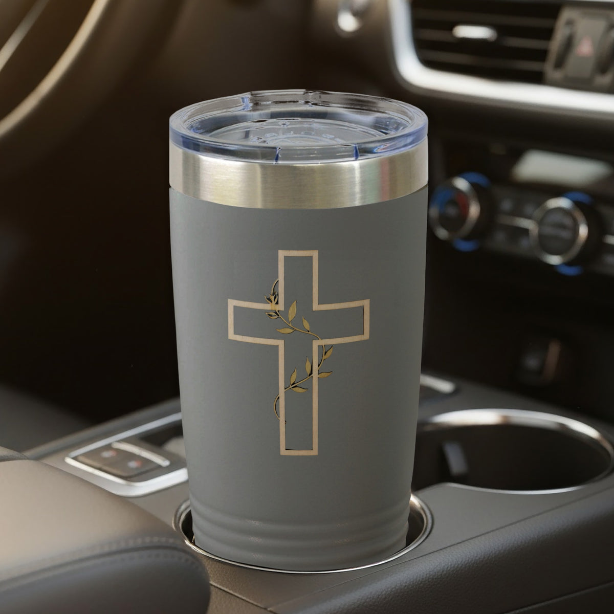 Grey Cross Vine Tumbler Clear Lid Religious product type